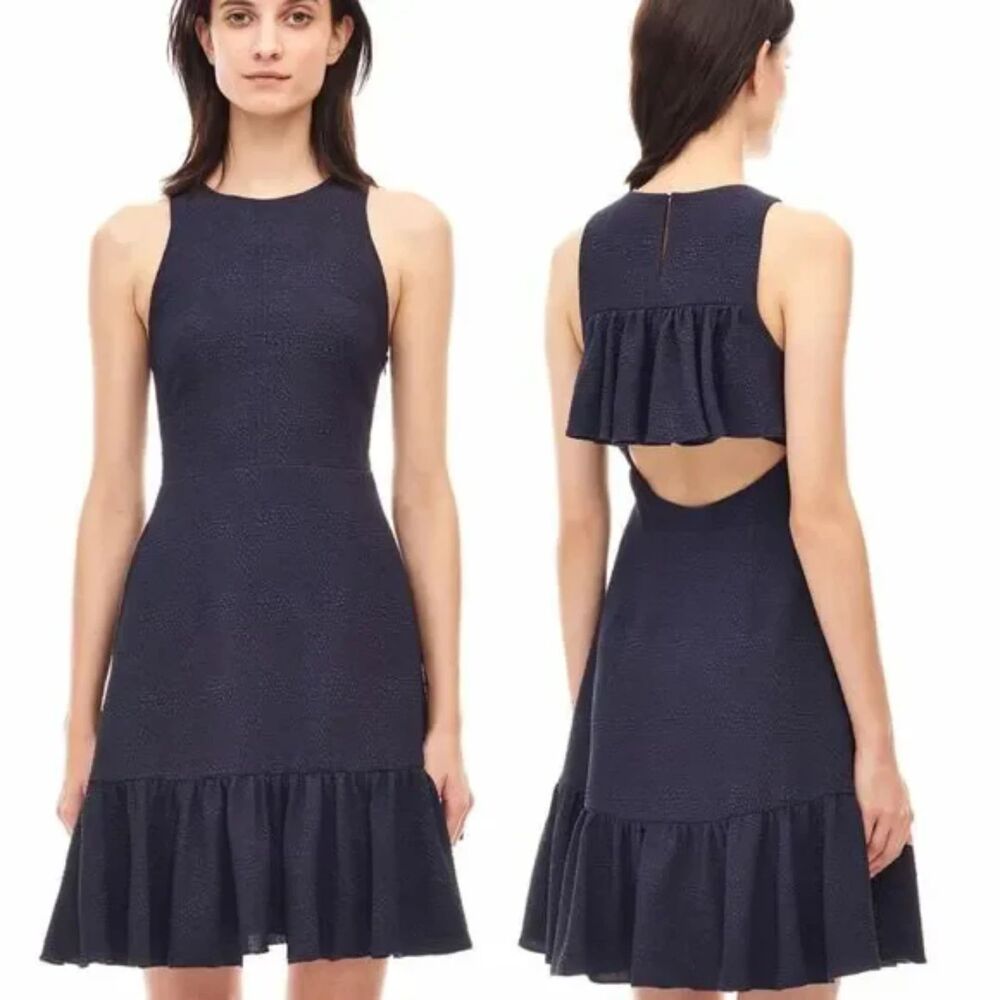 REBECCA TAYLOR Womens Dress Size 6 Navy Fit Flare Ruffle Cut Out Texture Stretch